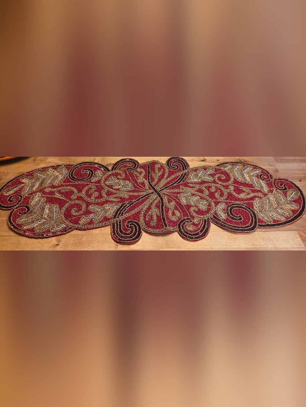 Burgandy And Gold Hand Beaded Table Runner By Cotton Craft